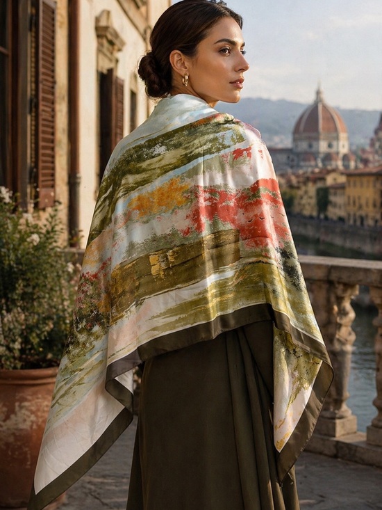 Accessories - Silk Scarf Shawl Multicolor Landscape Print Lightweight Wrap Elegant Chic